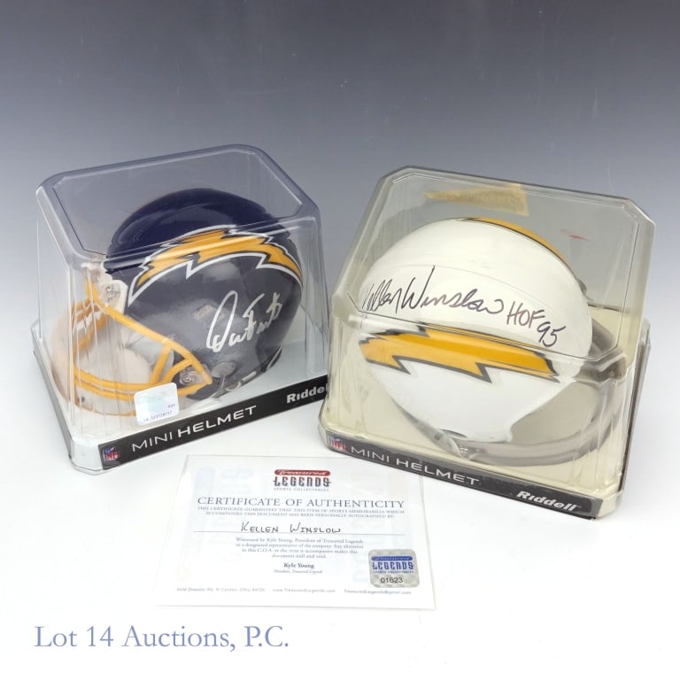 K Winslow & D Fouts Signed Mini Helmets COA: Kellen Winslow signed Chargers mini helmet. Treasured Legends COA ****** Dan Fouts signed Chargers mini helmet. Generic COA.