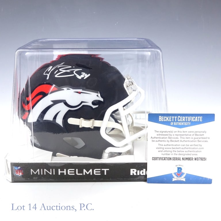 Champ Bailey Signed Broncos Mini Helmet Beckett: Champ Bailey signed Broncos mini helmet. Beckett Witnessed on 9/21/20 in Dallas, TX. Beckett COA #WD79251.