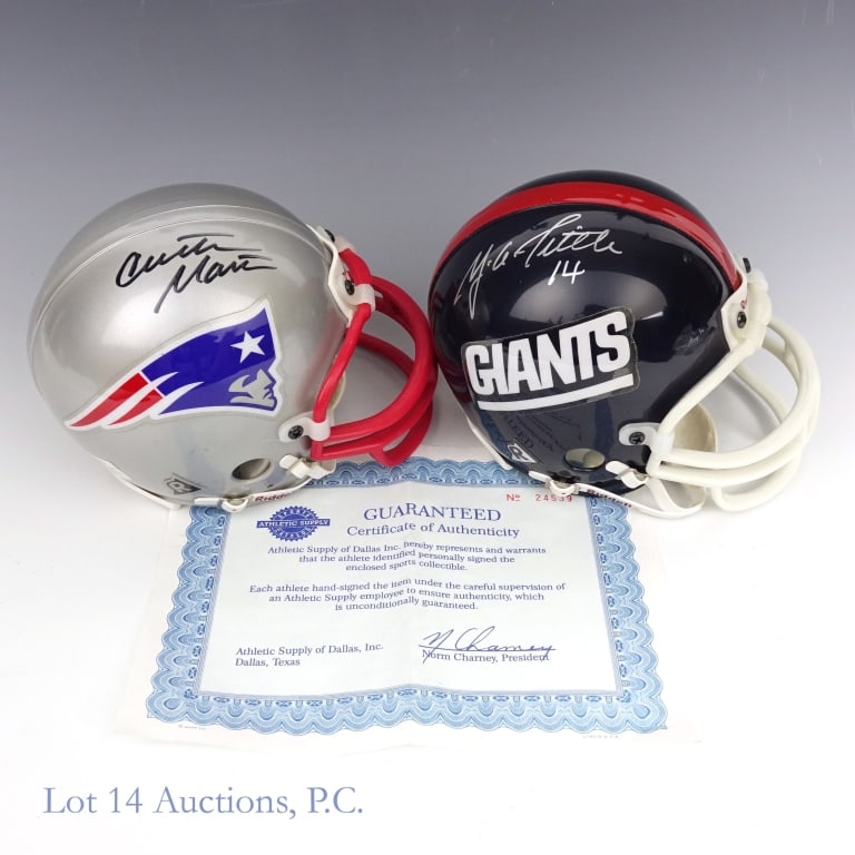 C Martin & Y A Tittle Signed Mini Helmets: Curtis Martin signed Patriots mini helmet. Athletic Supply COA ****** Y.A. Tittle signed Giants mini helmet. No COA.