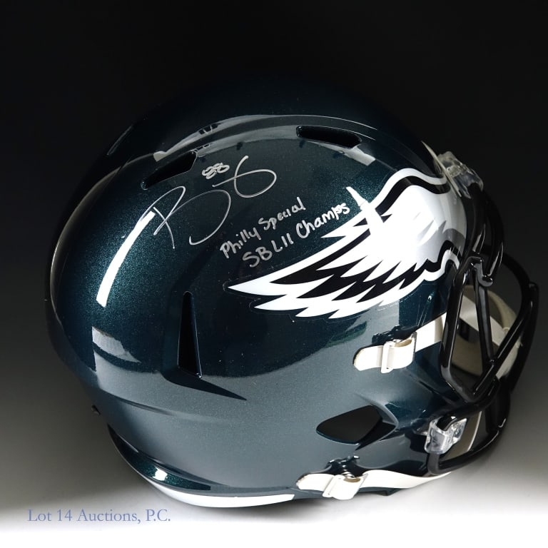 Trey Burton Signed Eagles Full Size Helmet (Beckett): Riddell NFL Speed Replica Philadelphia Eagles full sized helmet. Trey Burton has signed in silver over the right wing, and inscribed "88" and "Philly Special SB LII Champs". Back of helmet