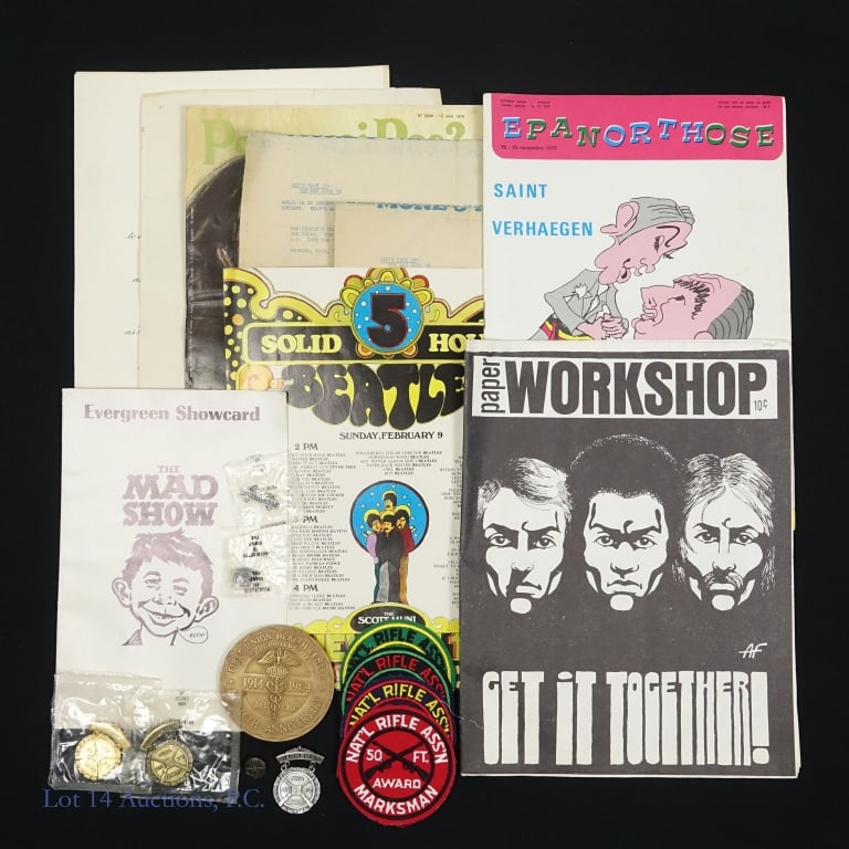 Political Social Activism Ephemera: Collection of political and social activist ephemera. 1964 United States medal commemorating the 50th anniversary of the International Ladies Garment Workers Union health center - the first of its