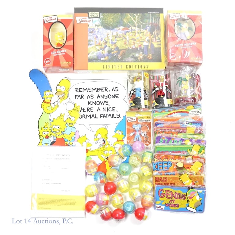 NIB Simpsons Busts and Ephemera (+20): NIB Simpsons Busts and Ephemera (+20). Collection of New In Box items from The Simpsons. Limited Edition polystone busts: Lisa (#0354/5000); Krusty the Clown (#223/5000). Other items include