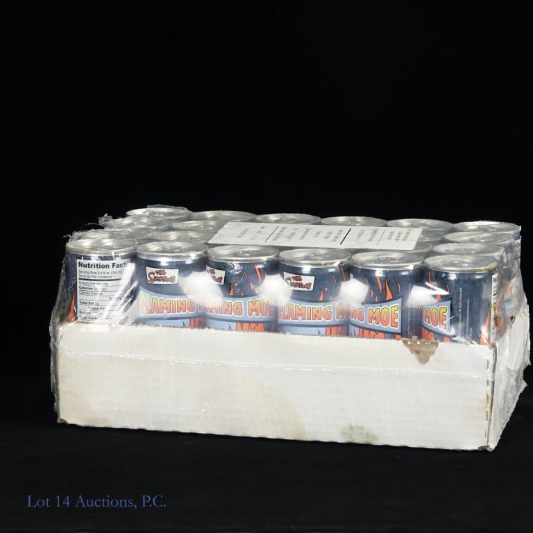 Simpsons Flaming Moe Energy Drink (24): Simpsons Flaming Moe Energy Drink (24). One (1) case of twenty-four (24) Flaming Moe Energy drinks from The Simpsons. 1 can has burst, possibly others. All others appear unharmed. See photos