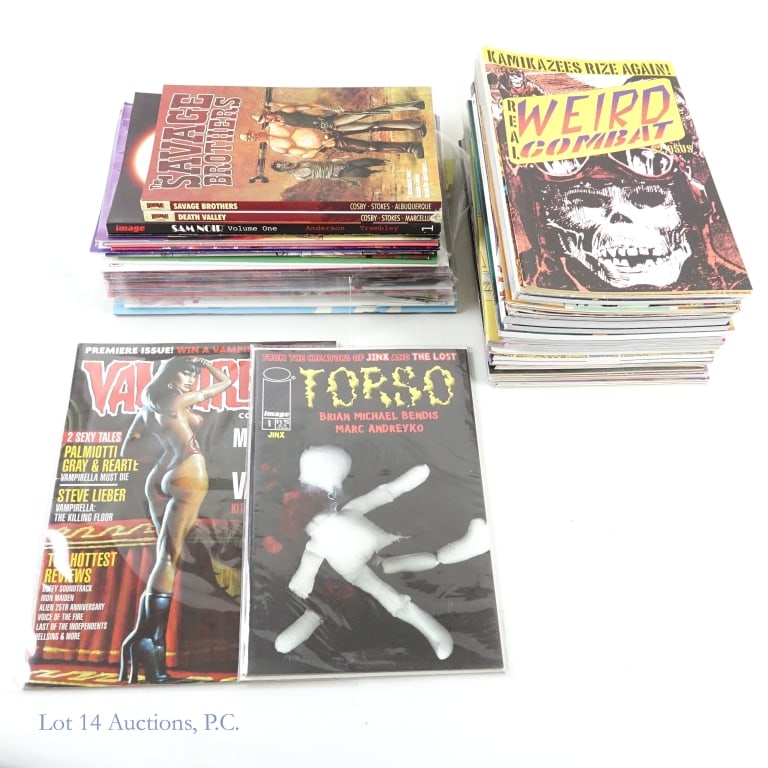 Comics Vampirella, Torso, KEY, Some ADULT (+60): Comics Vampirella, Torso, KEY, Some ADULT (+60). Collection of over 60 comic books and comic magazines including some ADULT material and a Key Issue. KEY ISSUE: Torso #1 - 5-issue limited