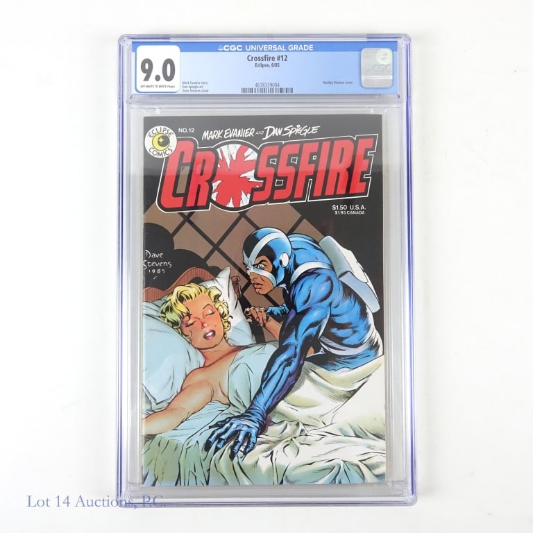 GCG 9.0, Crossfire #12, Key, D. Stevens, Eclipse: GCG 9.0, Crossfire #12, Key, Dave Stevens, Eclipse. CGC graded 9.0 Key issue of Crossfire #12. Key: Cover art by Dave Stevens, depiction of deceased Marilyn Monroe in "The 24th Annual Death of