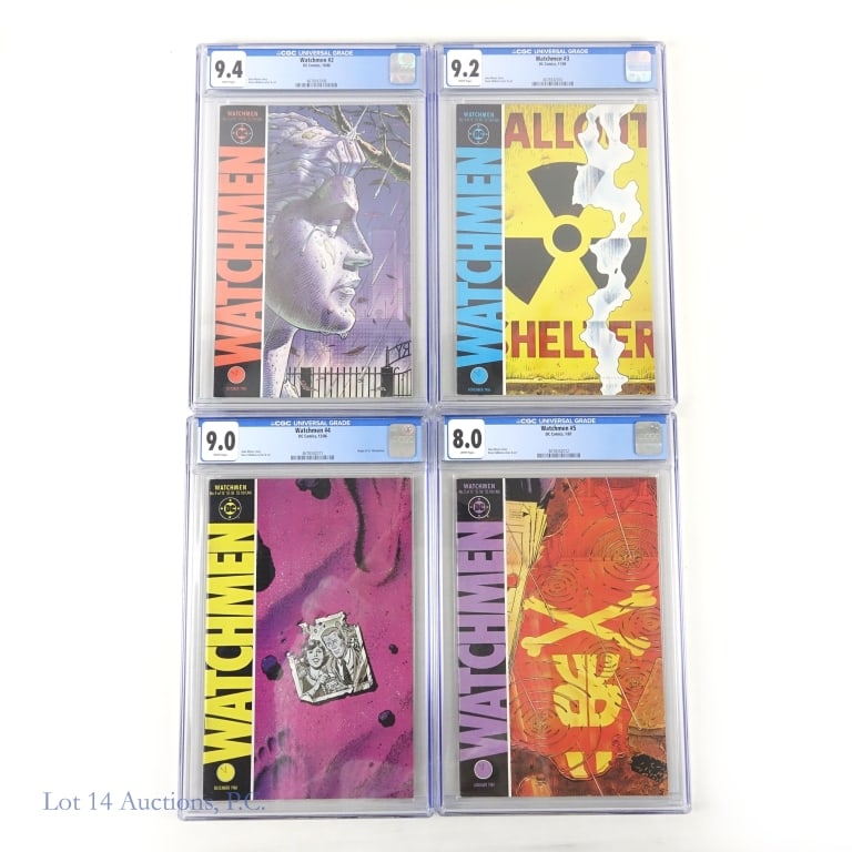 CGC Graded Watchmen #2-5, Key Issues, DC (4): CGC Graded Watchmen #2-5, Key Issues, DC (4). CGC graded issues #2-5 of the Watchmen from DC Comics including Key Issues. #2 (9.4) Key - First appearance of Dollar Bill. #3 (9.2). #4 (9.0)
