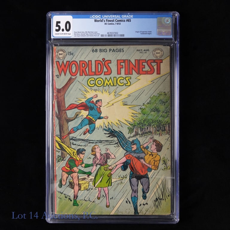 1953 World's Finest Comics #65, CGC 5.0, Key DC: World's Finest Comics #65, CGC Graded 5.0, Key DC. CGC graded 5.0 copy of World's Finest Comics #65. July / August, 1953. Key Issue: Origin of Superman Retold, Tomahawk begins. Cream to