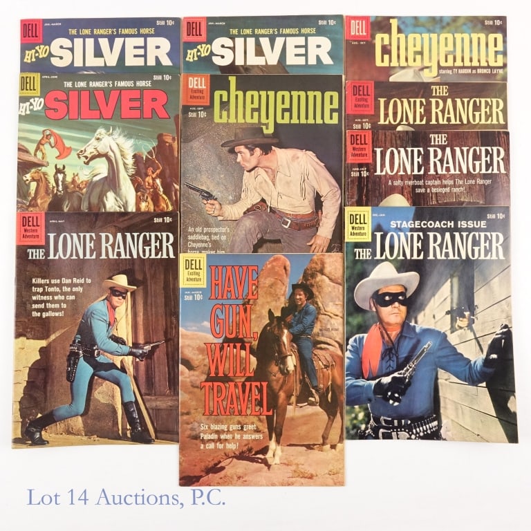 Lone Ranger 10 c. Comics, Dell (10): Lone Ranger 10 c. Comics, Dell (10). Collection of 10 cent comic from Dell featuring The Lone Ranger and associates. Lone Ranger: #131, 133, 134 & 135. Have Gun Will Travel: #8. Cheyenne: