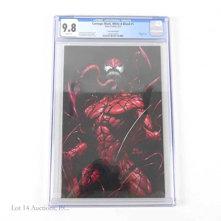 CGC 9.8, Carnage: Black, White & Blood #1, MARVEL: CGC 9.8, Carnage: Black, White & Blood #1, MARVEL. CGC graded 9.8 Comic Mint edition of Carnage: Black, White & Blood #1. Virgin cover, InHyuk Lee cover art. Per the internet, limited to 1000