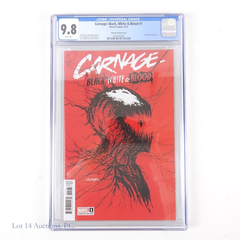 CGC 9.8, Carnage: Black, White & Blood #1, Gleason: CGC 9.8, Carnage: Black, White & Blood #1, Gleason. CGC graded 9.8 Patrick Gleason Variant of Carnage: Black, White & Blood #1. Case appears unharmed. See photos for more details on condition