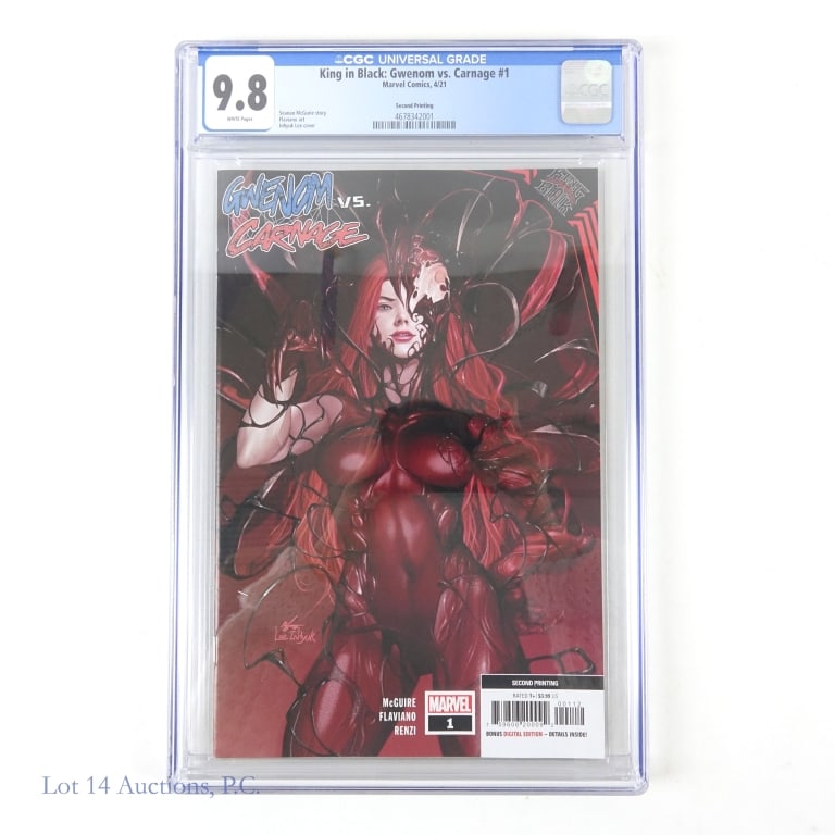 CGC 9.8, King in Black Gwenom / Carnage, 2nd Print: CGC 9.8, King in Black Gwenom / Carnage, 2nd Print. CGC graded 9.8 King in Black: Gwenom vs. Carnage #1 (InHyuk Lee, second printing). Case appears unharmed. See photos for more details on