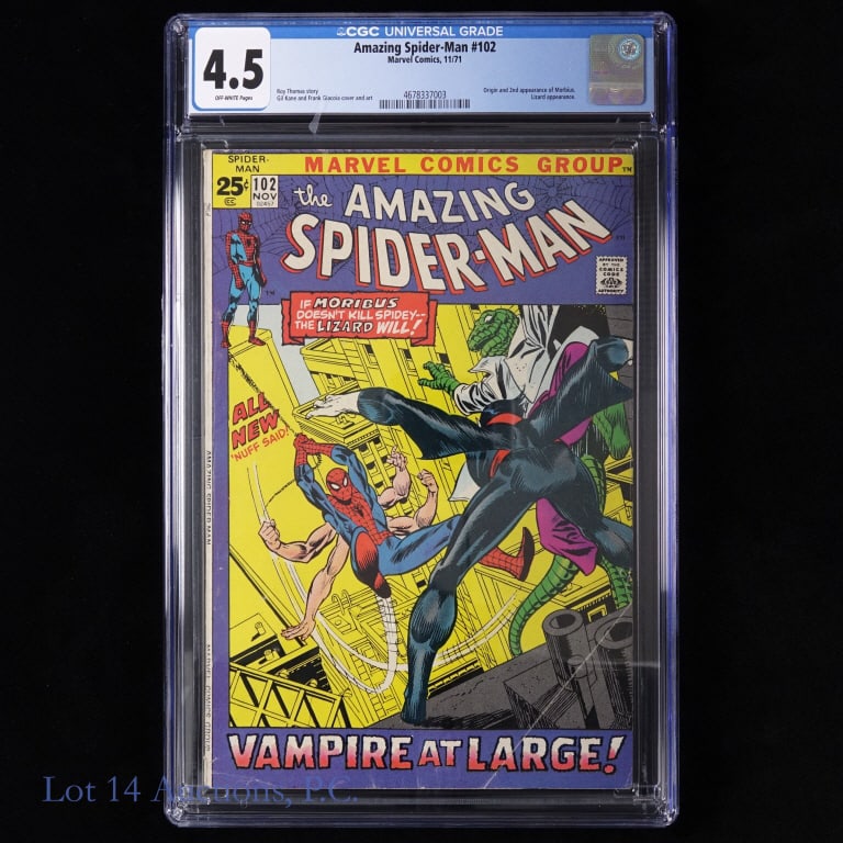 1971 Amazing Spider-Man #102, CGC 4.5, Key MARVEL: Amazing Spider-Man #102, CGC 4.5, Key MARVEL. CGC graded 4.5 copy of Amazing Spider-Man #102. November, 1971. Key Issue: Origin and Second appearance of Morbius, Lizard appearance. Off-white