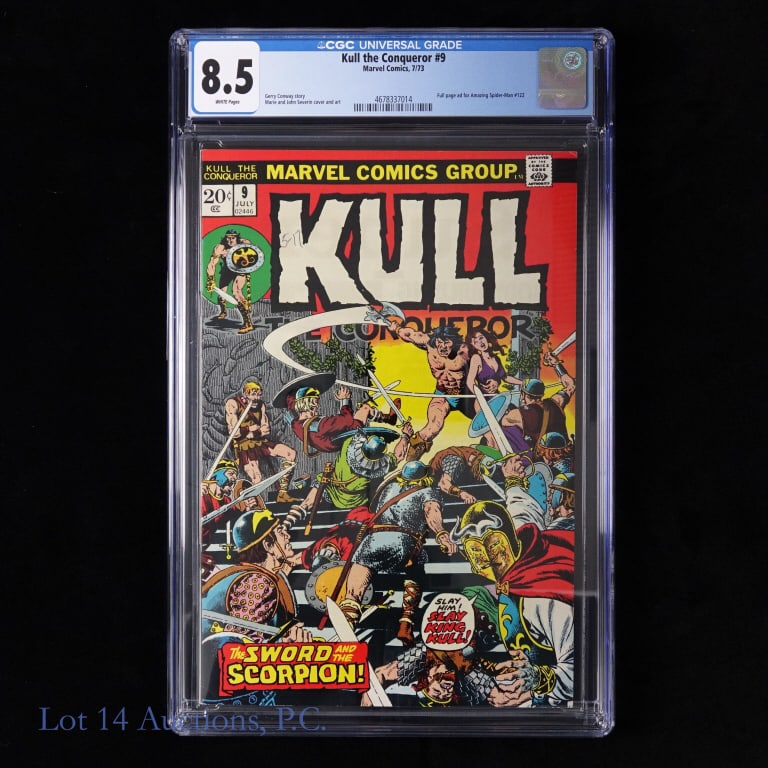 1973 Kull the Conqueror #9, CGC Graded 8.5, MARVEL: Kull the Conqueror #9, CGC Graded 8.5, MARVEL. CGC graded 8.5 copy of Kull the Conqueror #9. July, 1973. White pages. Full page ad for Amazing Spider-Man #122. Case shows little to no wear