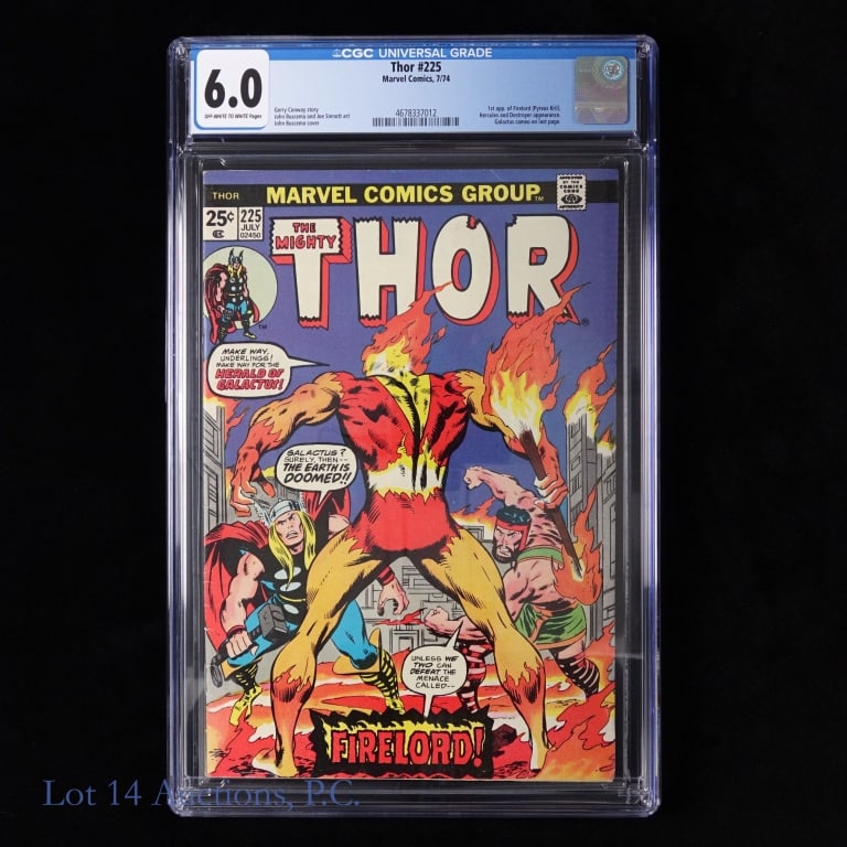 1974 Thor #225, CGC 6.0, Key MARVEL: Thor #225, CGC 6.0, Key MARVEL. CGC graded 6.0 copy of Thor #225. July, 1974. Key Issue: First appearance of Firelord, Hercules and Destroyer appearance, Galactus cameo on last page. Off-white to whit