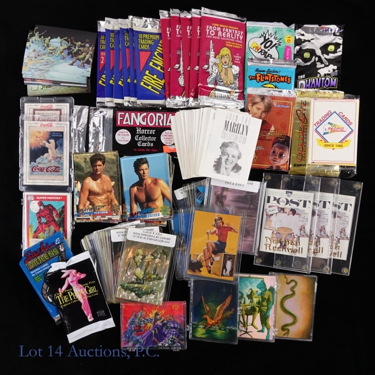 Pop Culture, Fantasy & Comics Cards (+100): Pop Culture, Fantasy & Comics Cards (+100). Collection of pop culture, fantasy and comics trading cards. Items include: 3 Saturday Evening Post cards with gold; Coca-Cola cards, Pin-Up[, Baywatch, uno