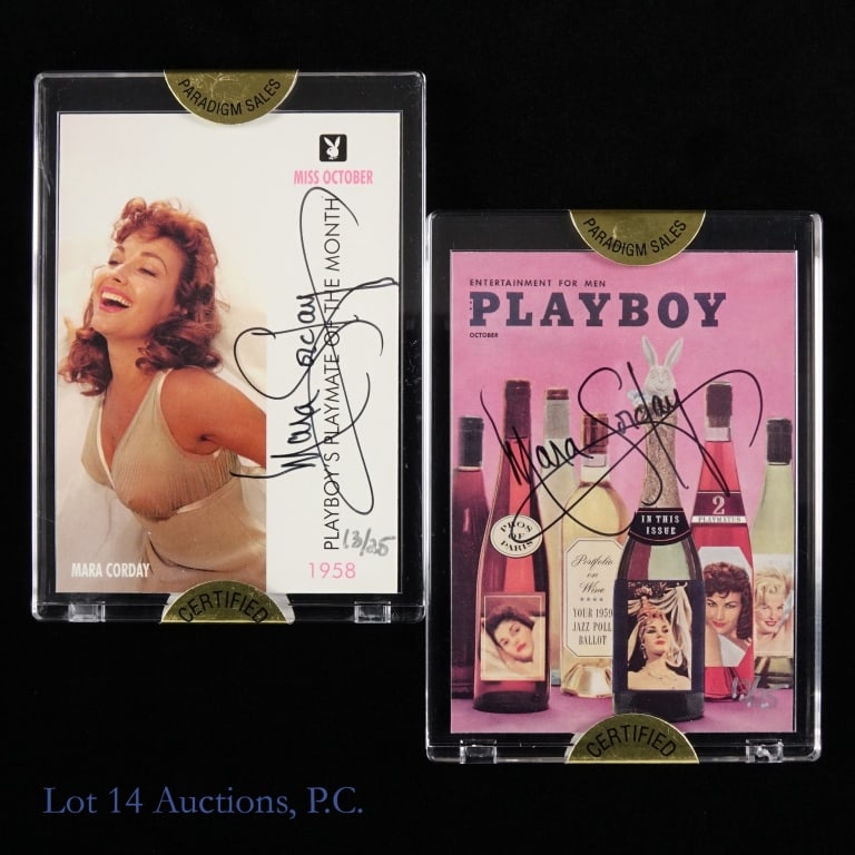 Mara Corday Playboy Cards, Signed (2): Mara Corday Playboy Cards, Signed (2). Two numbered (13/25) Playboy trading cards (#14, 15) signed by Mara Corday, Miss October 1958. Items in cases with "Certified Authentic Paradigm Sales"