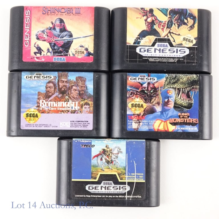 Sega Genesis Games (5): Five (5) Sega Genesis game - Warsong, Shinobi III, Romance Of The Three Kingdoms II, Slaughter Sport, King Of The Monsters.