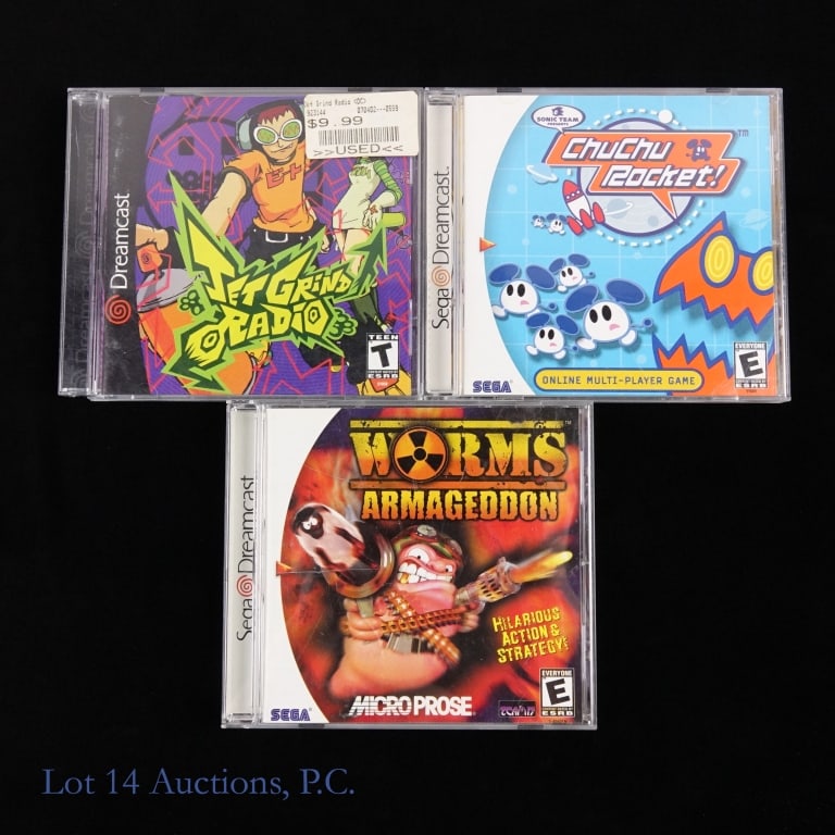 Sega Dreamcast Games CIB (3): Three (3) Sega Dreamcast games in original cases with manuals - Jet Grind Radio, Worms Armageddon, and Chu Chu Rocket.