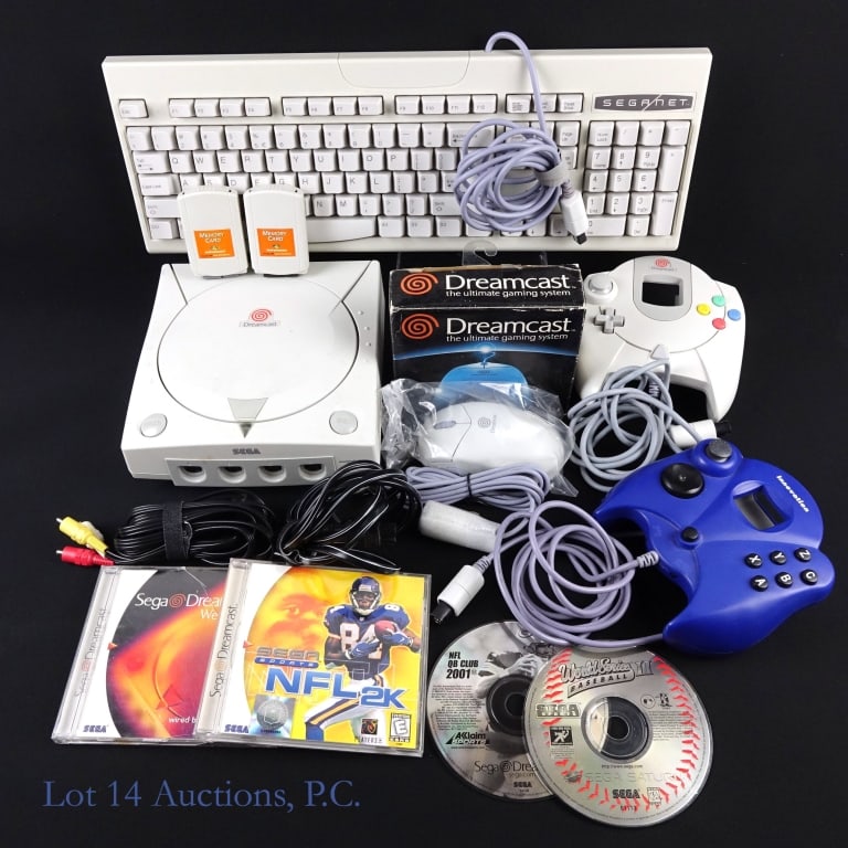 Sega Dreamcast Console, Accessories, Games T&W: Sega Dreamcast console, power cord, AV cable, 2 memory cards, one (1) authentic controller, one (1) aftermarket blue controller, authentic Sega keyboard, Dreamcast the ultimate gaming