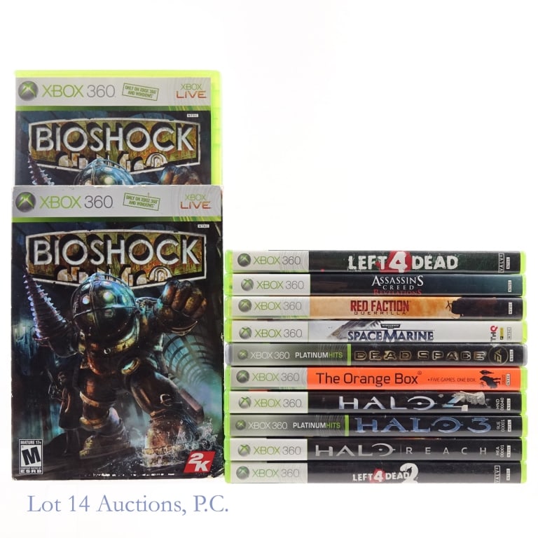XBox 360 Games In Cases With Booklets (11): Eleven (11) XBox 360 games in original cases with booklet manuals - Bioshock, Dead Space, Space Marine, Red Faction Guerrilla, Assassin's Creed Revelation, Left 4 Dead, Left 4 Dead 2, Halo Reach, Halo