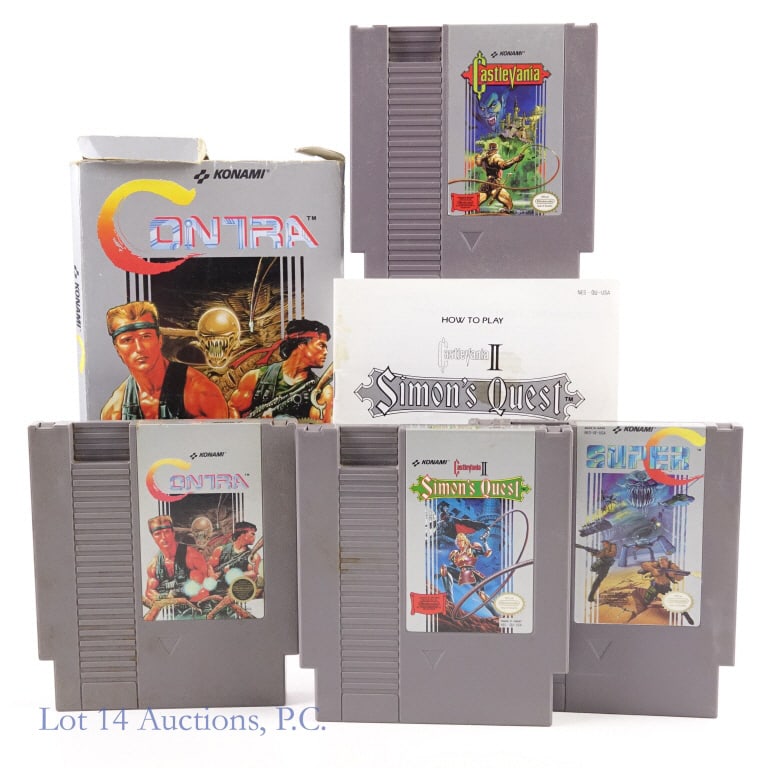 Nintendo NES Contra & Castlevania Games (4): Four (4) Nintendo Entertainment System NES game cartridges - Contra (with original box), Super C, Castlevania and Castlevania II Simon's Quest (with manual).