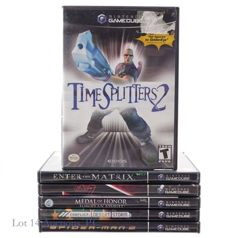 Nintendo GameCube Games CIB (6): Six (6) Nintendo GameCube games in original cases with manual booklets - Spider - Man 2, Conflict: Desert Storm, Medal Of Honor European Assault, Killer 7, Enter The Matrix, and Time Splitters 2.