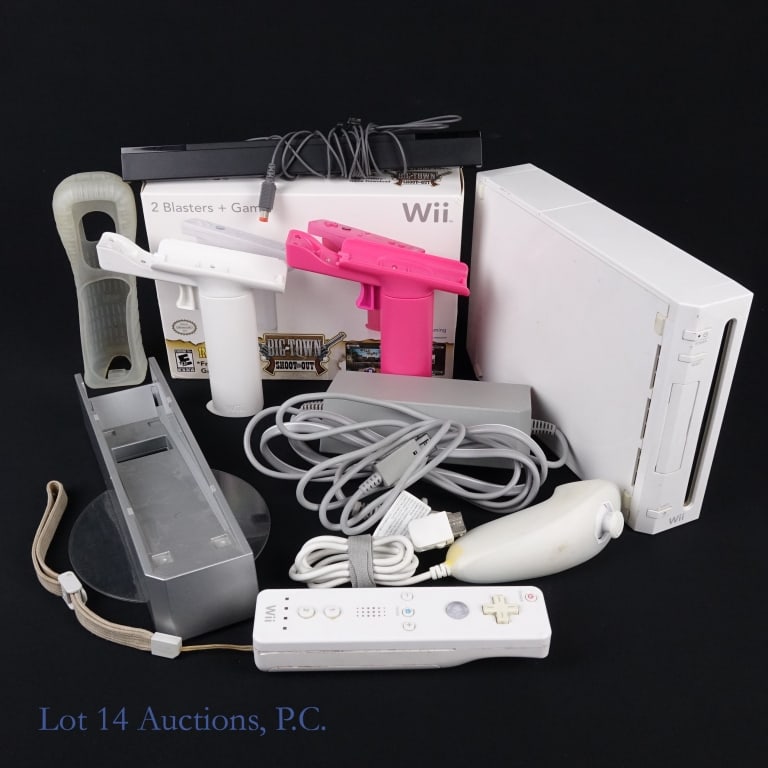 Nintendo Wii Console Tested & Working: White Nintendo Wii console with stand, Wiimote, Wiimote silicone sleeve, nunchuk, sensor bar, AV cable, power adapter and 2 blaster Wiimote attachments. Tested and working per consigner.