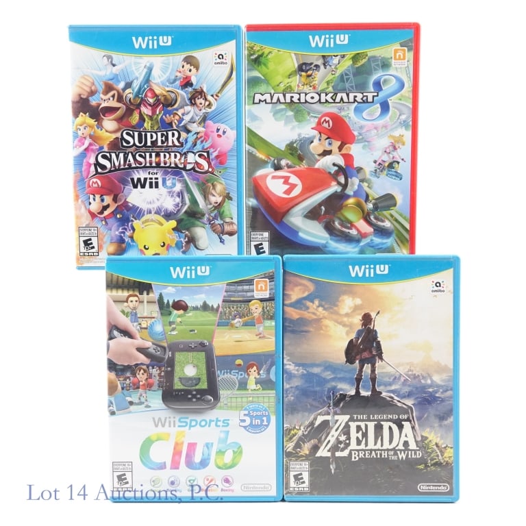 Nintendo Wii U Games - Mario, Zelda CIB (4): Four (4) Nintendo Wii U games in original cases with booklets - Super Smash Bros, Mario Kart 8, The Legend Of Zelda Breath Of The Wild, and Wii Sports Club.