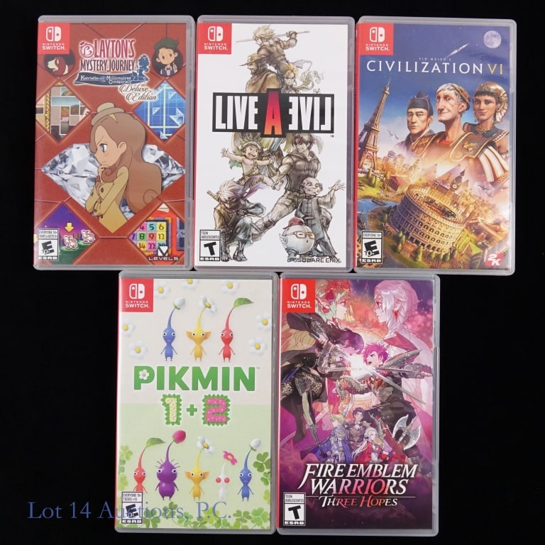 Nintendo Switch Games In Original Cases (5): Five (5) Nintendo Switch games in original cases - Fire Emblem Warriors Three Hopes, Pikmin 1+2, Sid Meier's Civilization VI, Live A Live, and Layton's Mystery Journey.