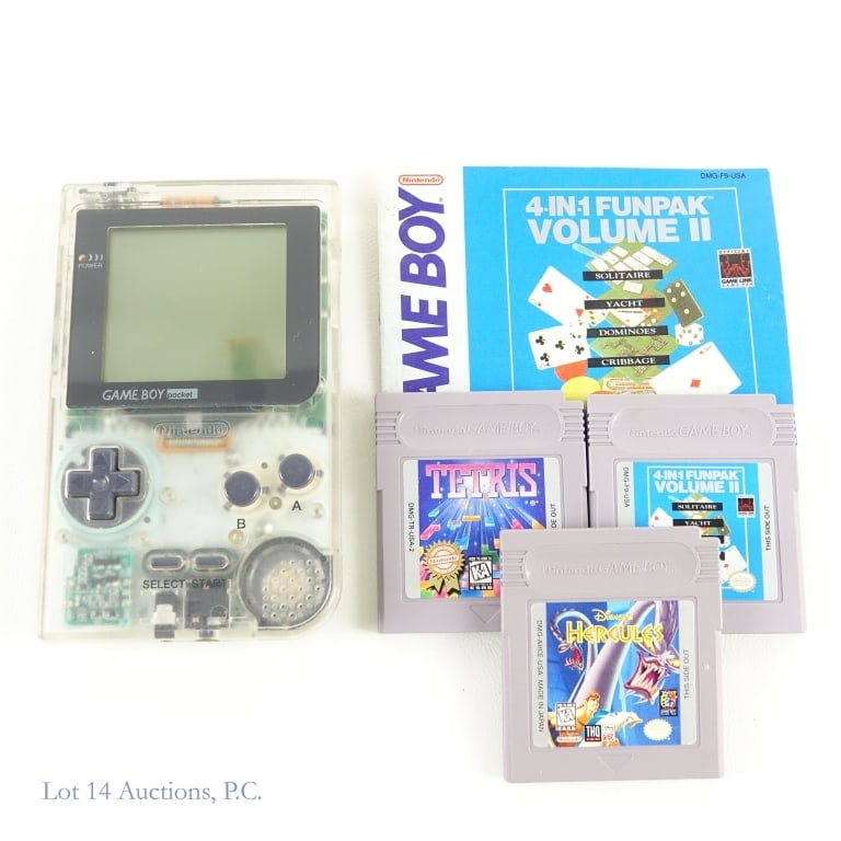 Game Boy Pocket Clear Console T+W & Games (3): Game Boy Pocket clear console, tested and working per consigner, and three (3) games - Hercules, Tetris, and 4 - in -1 Funpak Volume II with instruction booklet.