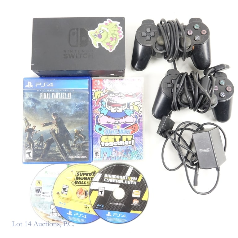 Video Gaming Lot, Games and Accessories: Nintendo Switch WarioWare Get It Together sealed ** PlayStation 4 PS4 Final Fantasy XV in original case with booklet ** PlayStation 4 PS4 Super Monkey Ball Banana Blitz HD & Digimon Story Cyber
