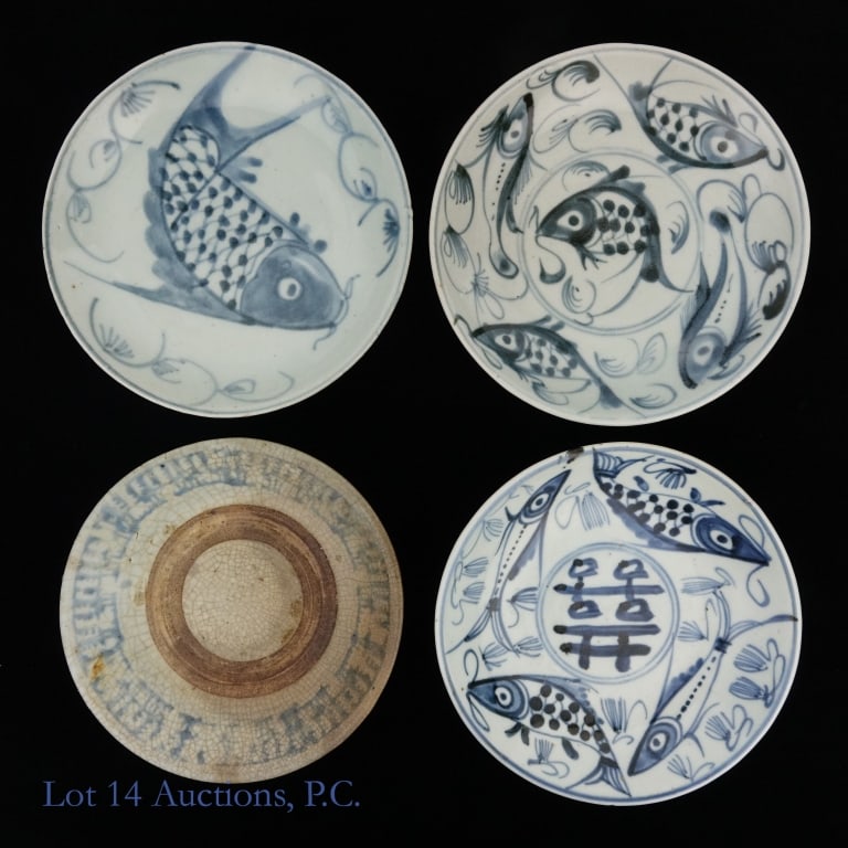 Chinese Porcelain Plates w/ Fish Motifs (3+1): Four Chinese provincial porcelain plates dating to the Qing dynasty. Three have traditional fish motifs as their decor, while the last one has a simpler design with heavy craquelure. Two of the