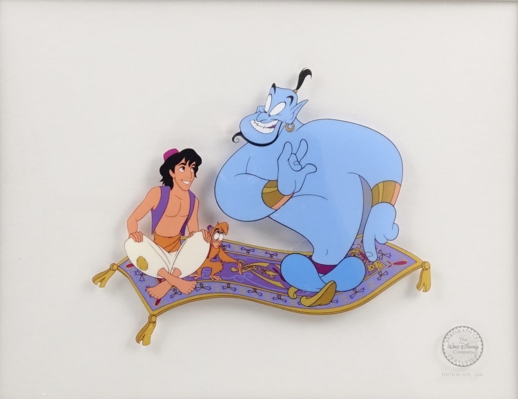1992 Aladdin Framed Serigraph Cel: 1992 Aladdin framed serigraph cel depicting Aladdin , Abu, and Genie riding on the magic carpet. Frame measures approximately 20 3/8" x 17 3/8".