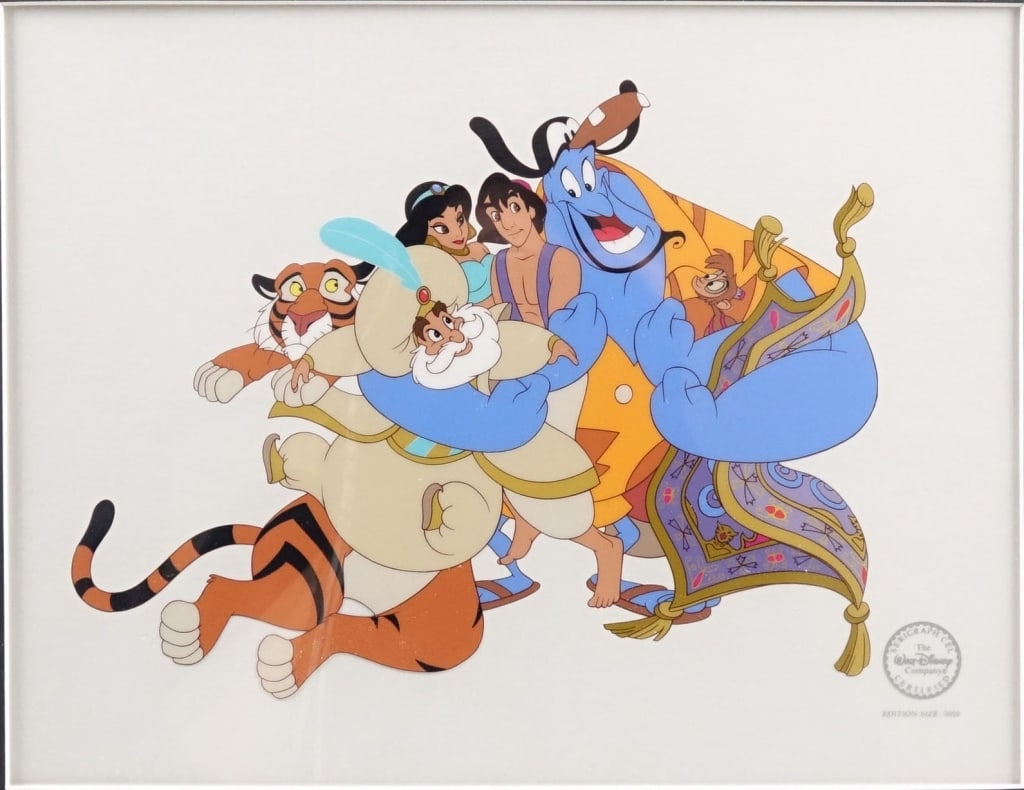 1993 Aladdin Framed Serigraph Cel: 1993 Aladdin framed serigraph cel depicting Rajah, the Sultan, Jasmine, Aladdin, Abu, the Genie and the magic carpet. Frame measures approximately 20 3/8" x 17 1/2"