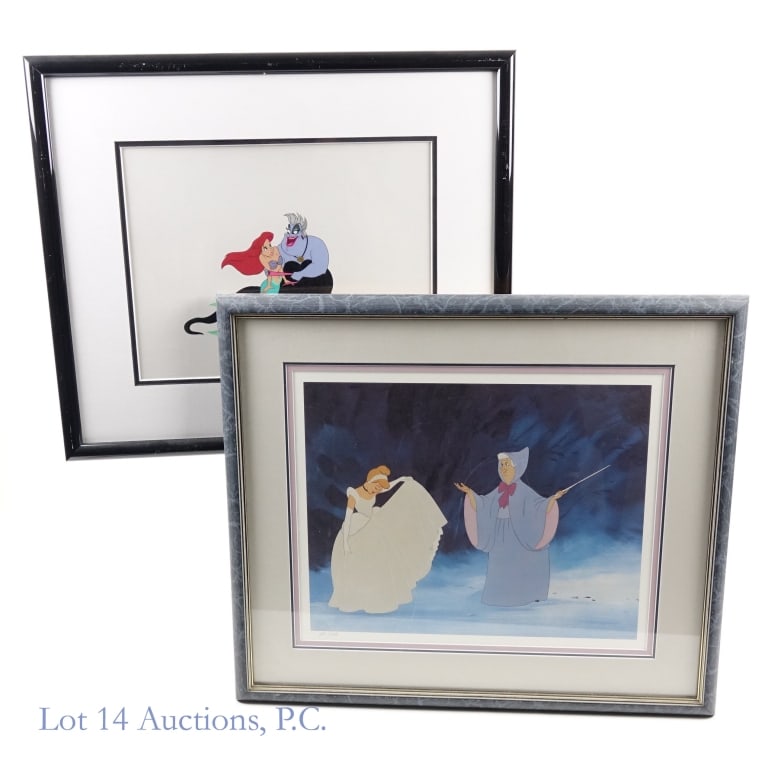 92 Little Mermaid Sericel & Cinderella Print (2): 1992 Little Mermaid framed serigraph cel depicting Ariel and Ursula. Frame measures approximately 20 3/8" x 17 3/8", and Cinderella print depicting Cinderella and Fairy Godmother. Numbered 291 /