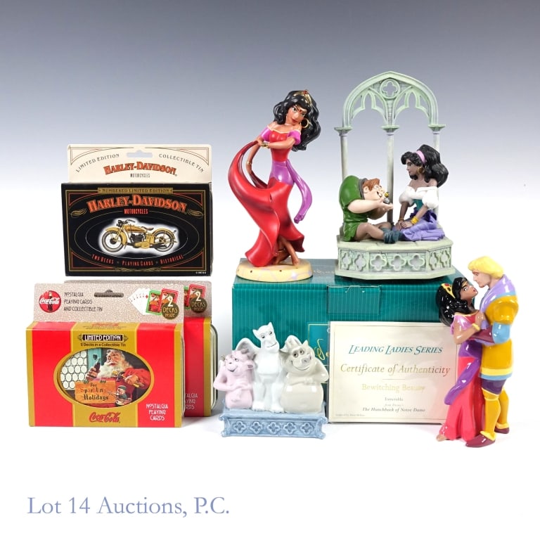 Hunchback Of Notre Dame & Playing Cards (7): Esmeralda figurine in original box ** Esmeralda and Quasimodo figurine ** 3 gargoyles figurine ** Esmeralda and Phoebus de Chateaupers figurine ** 2 sealed limited edition Coca Cola 2 deck