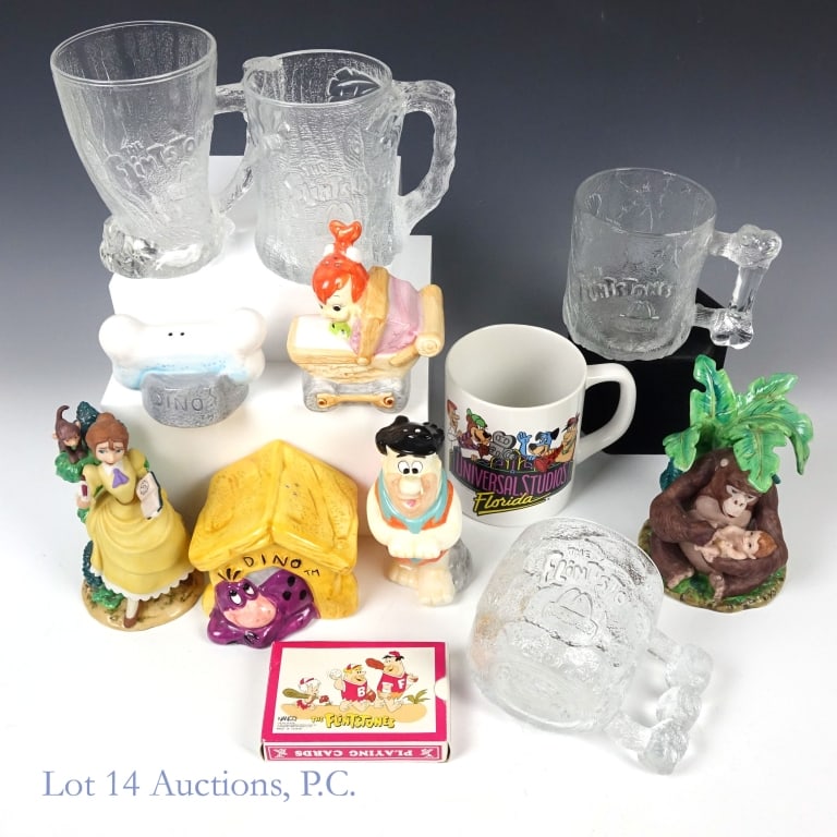 Tarzan And Flintstones Collectibles (10+2): Kala with baby Tarzan figurine ** Jane Porter figurine ** Four (4) Flintstones salt and pepper shakers - Fred Flintstone, Pebbles, Dino, Dino's Bone ** Four (4) McDonald's Flintstones glass