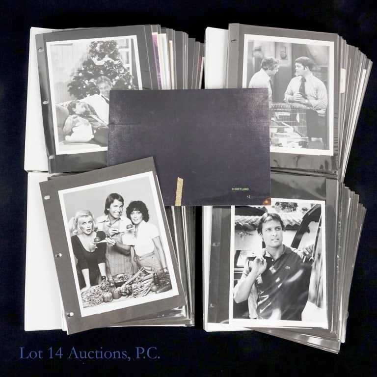 TV Movie Studio Photographs & Disneyland Portfolio: Four (4) binders TV set and promotional studio photos, 7 X 9 and 8 X 10, mostly black and white - Benson, Three's Company, Soap, Reggie, Happy Days, I Dream Of Jeannie, Angie, Growing