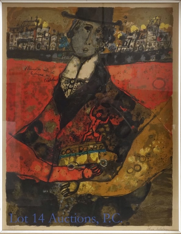 Theo Tobiasse Colored Lithograph: LOCAL PICK UP OR THIRD PARTY SHIPPING ONLY. Framed colored lithograph by French artist Theo Tobiasse (1927-2012), titled "L'homme en noir et le danseur sur l'autobus". Frame measures