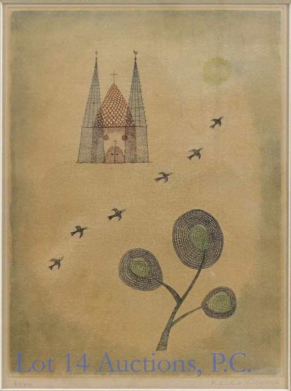 Castle, Moon & Birds Aquatint by Keiko Minami: LOCAL PICK UP OR THIRD PARTY SHIPPING ONLY. Etching aquatint by Japanese artist Keiko Minami (1911-2004) titled Castle, Moon & Birds. Numbered 44/50 in the bottom left, signed by the artist in