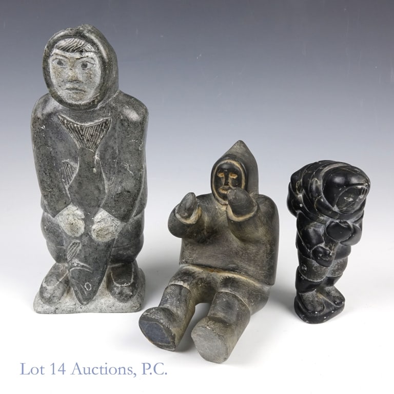 Signed Inuit Soapstone Carvings (3): Three soapstone carvings from various Inuk artists. The smallest one is signed Thomassie and measures approximately 4.5 x 2.25 x 2". The mid-sized one is signed but not fully legible, but at
