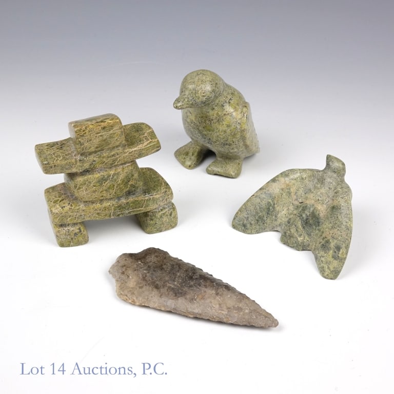 Three Antique Inuit Serpentine Carvings (+1): Three small serpentine carvings from various Inuk artists. The smallest is a bird with its wings spread and measures approximately 2.5 x 1.25 x 2". The second is a sitting bird which measures approxim