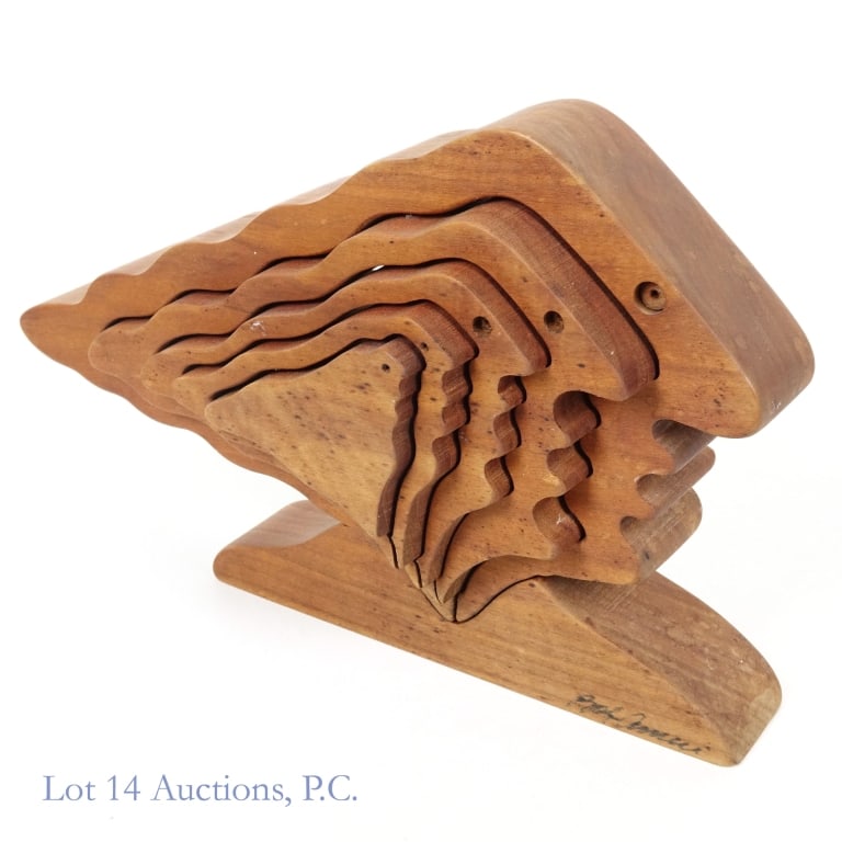 Bob Ameri MCM Wooden Nesting Puzzle: Wooden nesting puzzle (5 pcs + base) by Bob Ameri. Mid-Century Modern (MCM). Base is signed on two opposing sides by the artist, The base is hand signed with a copyright symbol. Dimensions