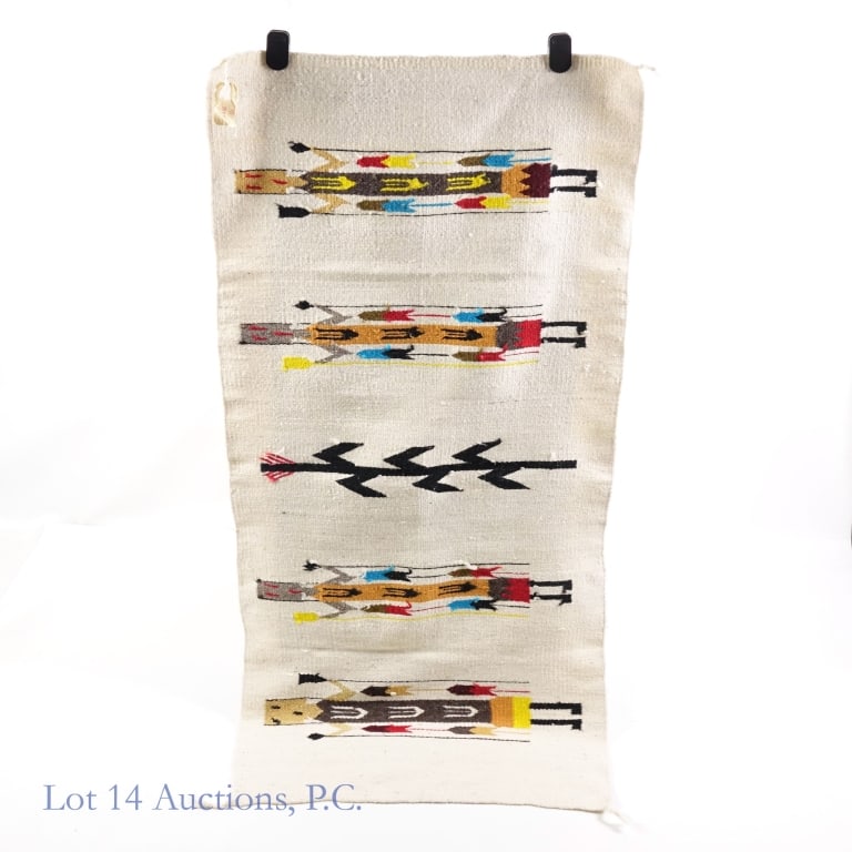 Woven Wool Yei Rug, Mexico (Approx. 5ft x 2ft.): Hand woven wool rug in white decorated by four Yei figures, made by an Indigenous artist in Mexico. Has a tag on one corner denoting it as these two things. Very good condition, measures