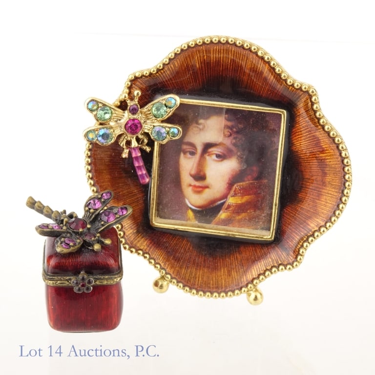 Jay Strongwater Designer Picture Frame & Pill Box: Designer enamel miniature picture frame and pill box, each decorated with a dragonfly made up of Swarovski crystals, both signed Jay Strongwater. Picture frame measures approximately 2.75 x 2.75 x 1"
