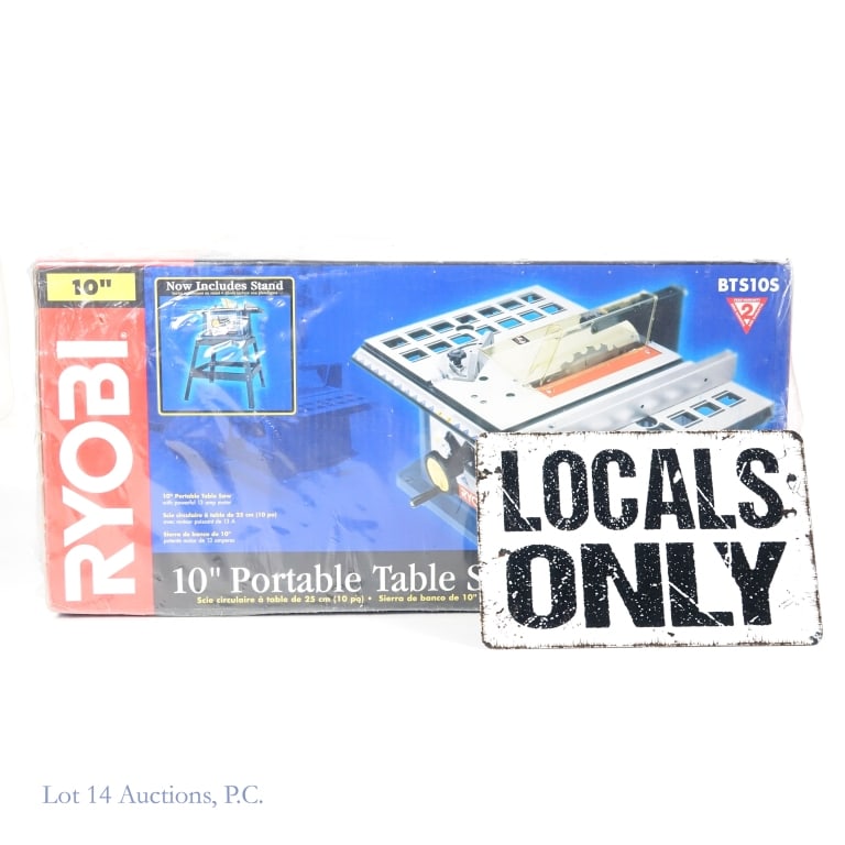 10" Ryobi Portable Table Saw w/ Stand NIB: LOCAL PICK UP ONLY - NO SHIPPING. New in box and consigned by original retail buyer. 10" Ryobi Portable Table Saw, model BTS10S. 13 amp motor. Original factory plastic wrap. NOTE: One side of