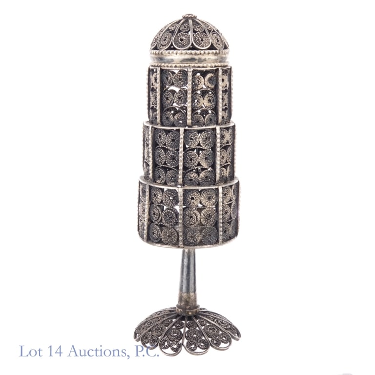 Antique Filigree Style 835 Silver Besamim Tower: Antique Besamim tower with a filigree style design. Marked "835" on the underside. Approximately 4" tall, weighs approximately 51.6g.