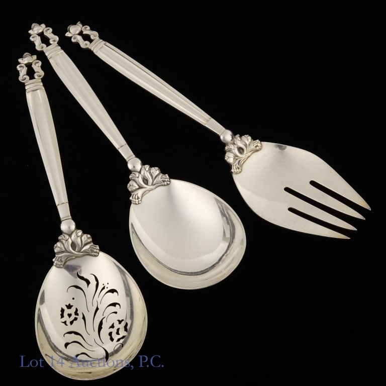 Georg Jensen Sterling Silver 1915 Acorn Serveware, 3: Georg Jensen Acorn 1915 (1915 - 1927, per GJ mark) pattern sterling silver serveware. Three (3) pieces - Two serving spoons, one is solid and second is pierced casserole spoon (9" long), and one
