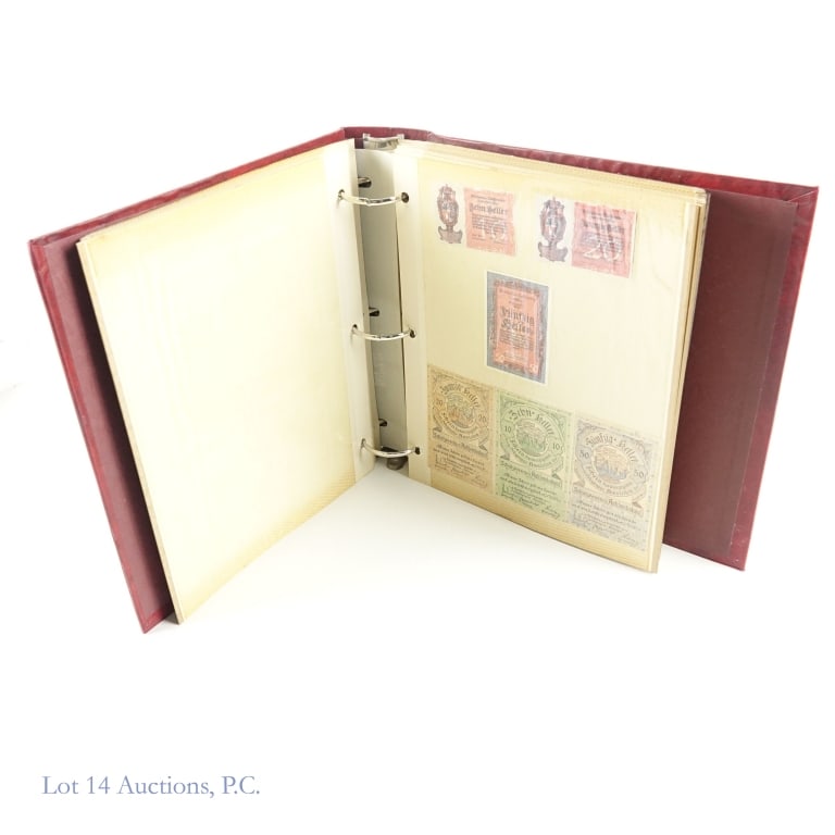 German Notgeld Fractional Currency. (Approx. 197): Approximately 197 German Weimar Republic national and private fractional currencies in very old collector's three ring binder album. Per consigner, notes in almost uncirculated to crisp uncirculated