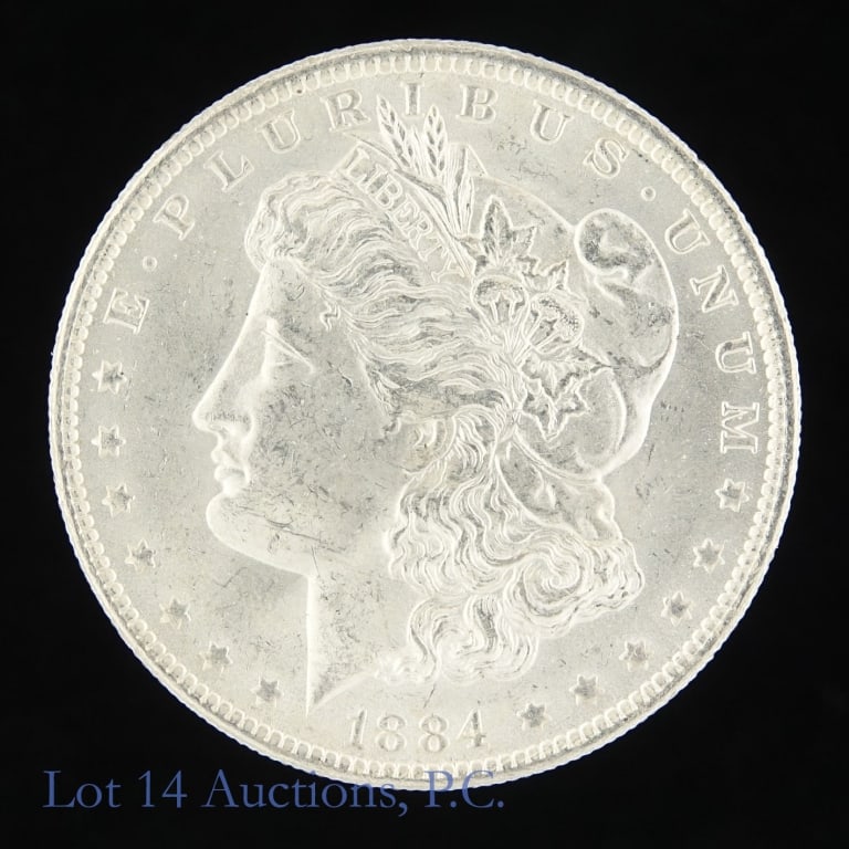 1884-O US Silver Morgan Dollar (CH BU*): 1884-O United States silver Morgan dollar (New Orleans Mint). Designer is George T. Morgan. * Per consigner, in CH BU condition. Metal is 90% silver and weighs 26.73 grams. Mintage is 9,730,000.